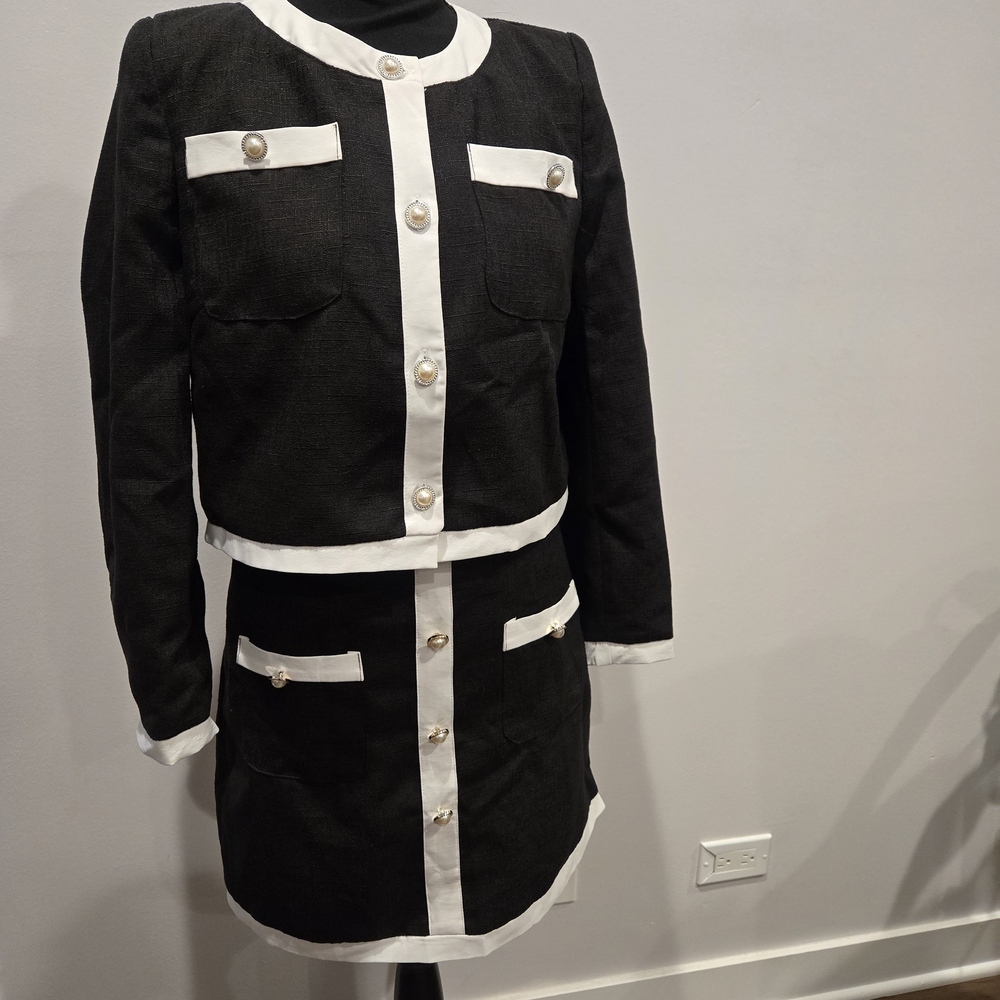 Black & White Contrast Trim Two-Piece Jacket and Skirt Set
